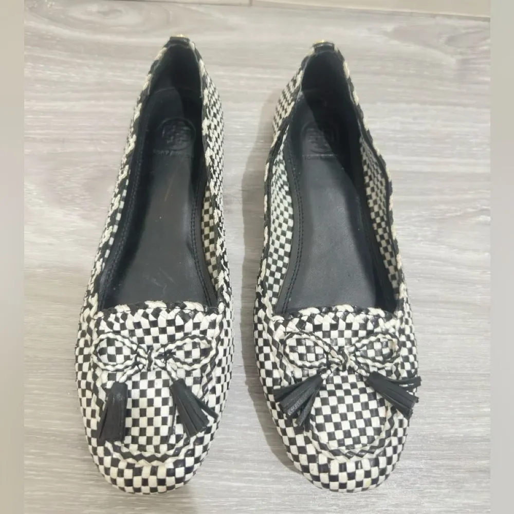 TORY BURCH Russell Black White Check Loafer Soft Leather Flats